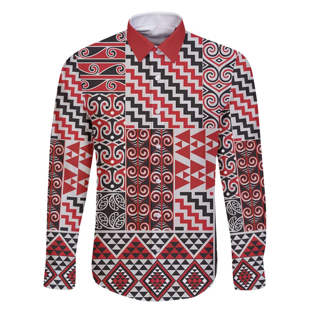 Aotearoa Kowhaiwhai Taniko Patchwork Motifs Family Matching Off Shoulder Maxi Dress and Hawaiian Shirt LT9 Dad's Shirt - Long Sleeve Red - Polynesian Pride
