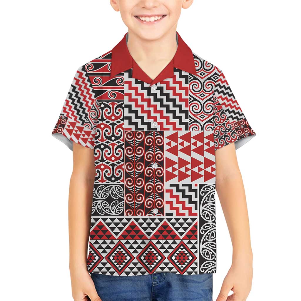 Aotearoa Kowhaiwhai Taniko Patchwork Motifs Family Matching Off Shoulder Maxi Dress and Hawaiian Shirt LT9 Son's Shirt Red - Polynesian Pride