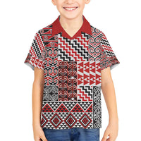 Aotearoa Kowhaiwhai Taniko Patchwork Motifs Family Matching Off Shoulder Maxi Dress and Hawaiian Shirt LT9 Son's Shirt Red - Polynesian Pride