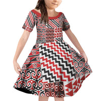 Aotearoa Kowhaiwhai Taniko Patchwork Motifs Family Matching Off Shoulder Short Dress and Hawaiian Shirt LT9 Daughter's Dress Red - Polynesian Pride