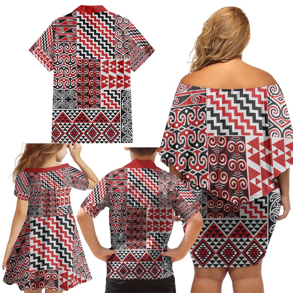 Aotearoa Kowhaiwhai Taniko Patchwork Motifs Family Matching Off Shoulder Short Dress and Hawaiian Shirt LT9 - Polynesian Pride