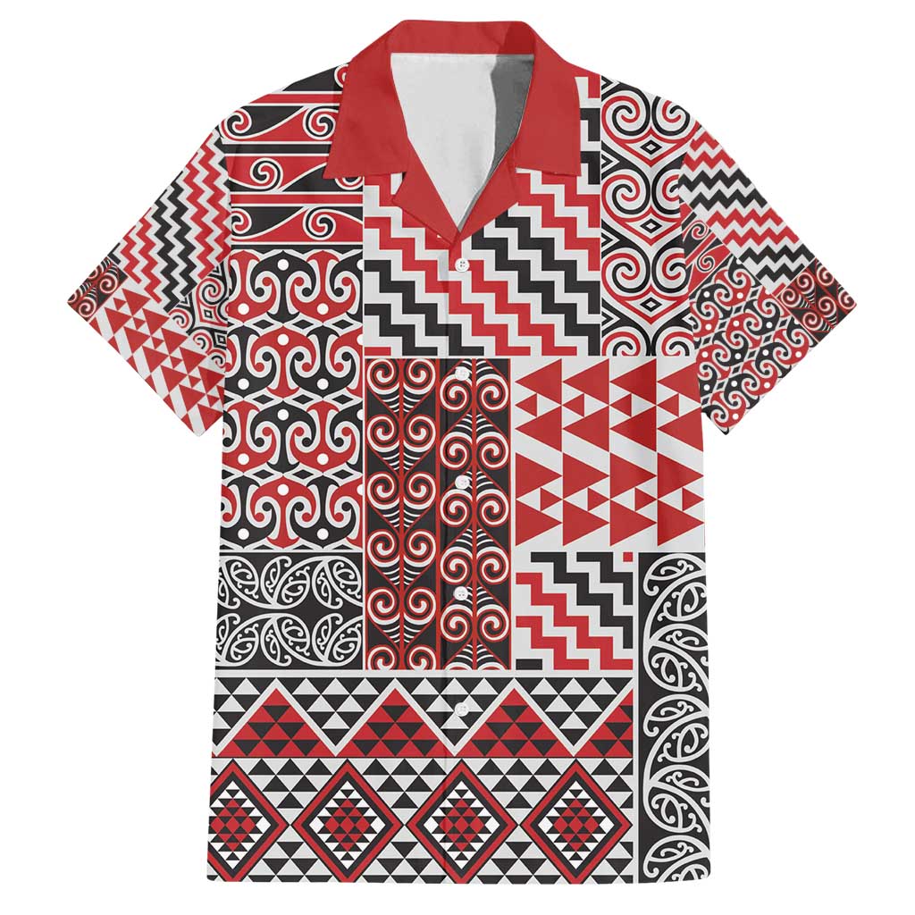 Aotearoa Kowhaiwhai Taniko Patchwork Motifs Family Matching Off Shoulder Short Dress and Hawaiian Shirt LT9 Dad's Shirt - Short Sleeve Red - Polynesian Pride