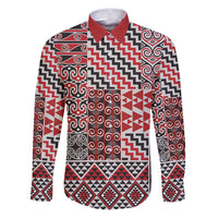Aotearoa Kowhaiwhai Taniko Patchwork Motifs Family Matching Puletasi and Hawaiian Shirt LT9 Dad's Shirt - Long Sleeve Red - Polynesian Pride