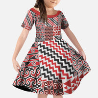 Aotearoa Kowhaiwhai Taniko Patchwork Motifs Family Matching Summer Maxi Dress and Hawaiian Shirt LT9 Daughter's Dress Red - Polynesian Pride