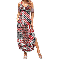 Aotearoa Kowhaiwhai Taniko Patchwork Motifs Family Matching Summer Maxi Dress and Hawaiian Shirt LT9 Mom's Dress Red - Polynesian Pride
