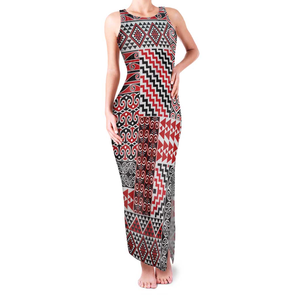 Aotearoa Kowhaiwhai Taniko Patchwork Motifs Family Matching Tank Maxi Dress and Hawaiian Shirt LT9 Mom's Dress Red - Polynesian Pride