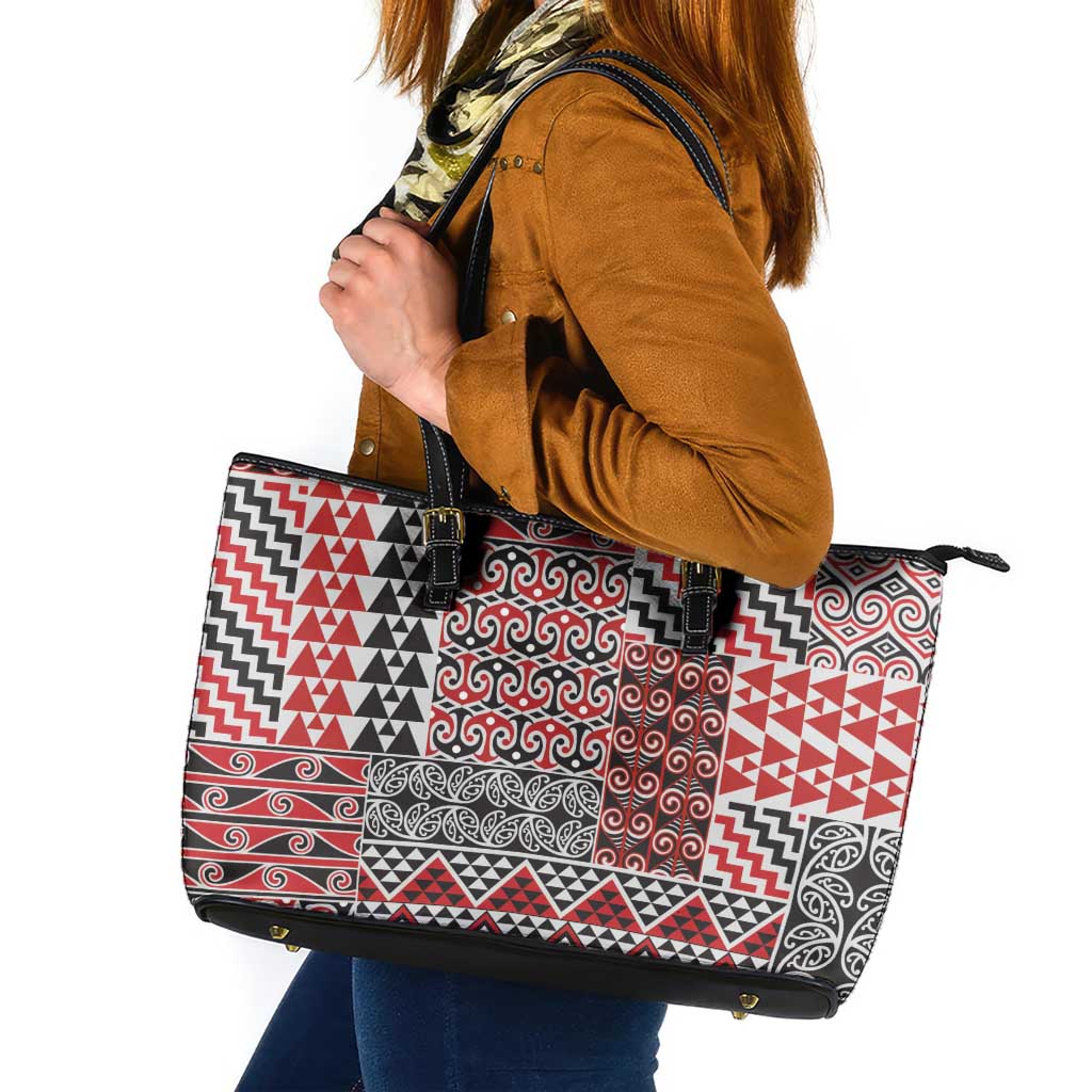Aotearoa Kowhaiwhai Taniko Patchwork Motifs Leather Tote Bag LT9 Red - Polynesian Pride