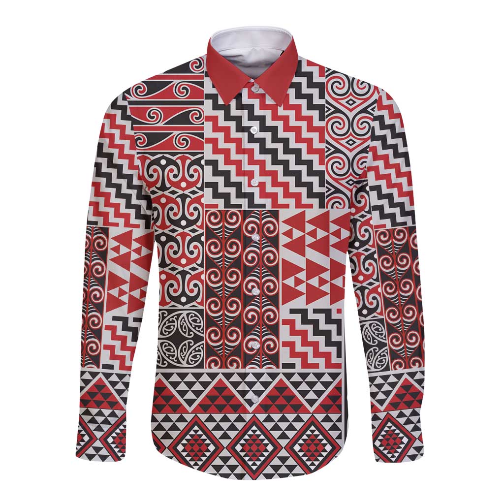 Aotearoa Kowhaiwhai Taniko Patchwork Motifs Long Sleeve Button Shirt