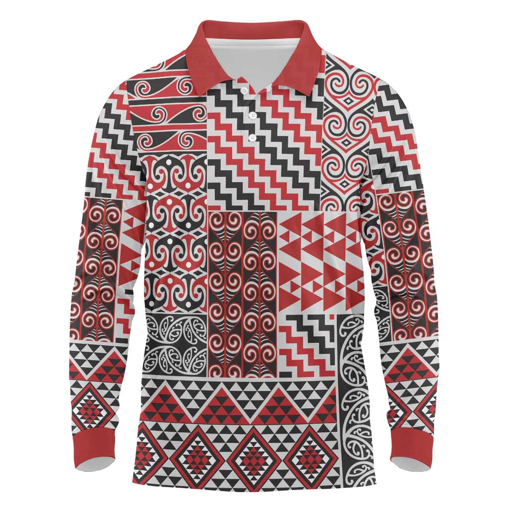 Aotearoa Kowhaiwhai Taniko Patchwork Motifs Long Sleeve Polo Shirt LT9 Red - Polynesian Pride