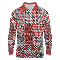 Aotearoa Kowhaiwhai Taniko Patchwork Motifs Long Sleeve Polo Shirt LT9 Red - Polynesian Pride