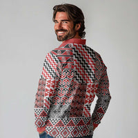 Aotearoa Kowhaiwhai Taniko Patchwork Motifs Long Sleeve Polo Shirt LT9 - Polynesian Pride