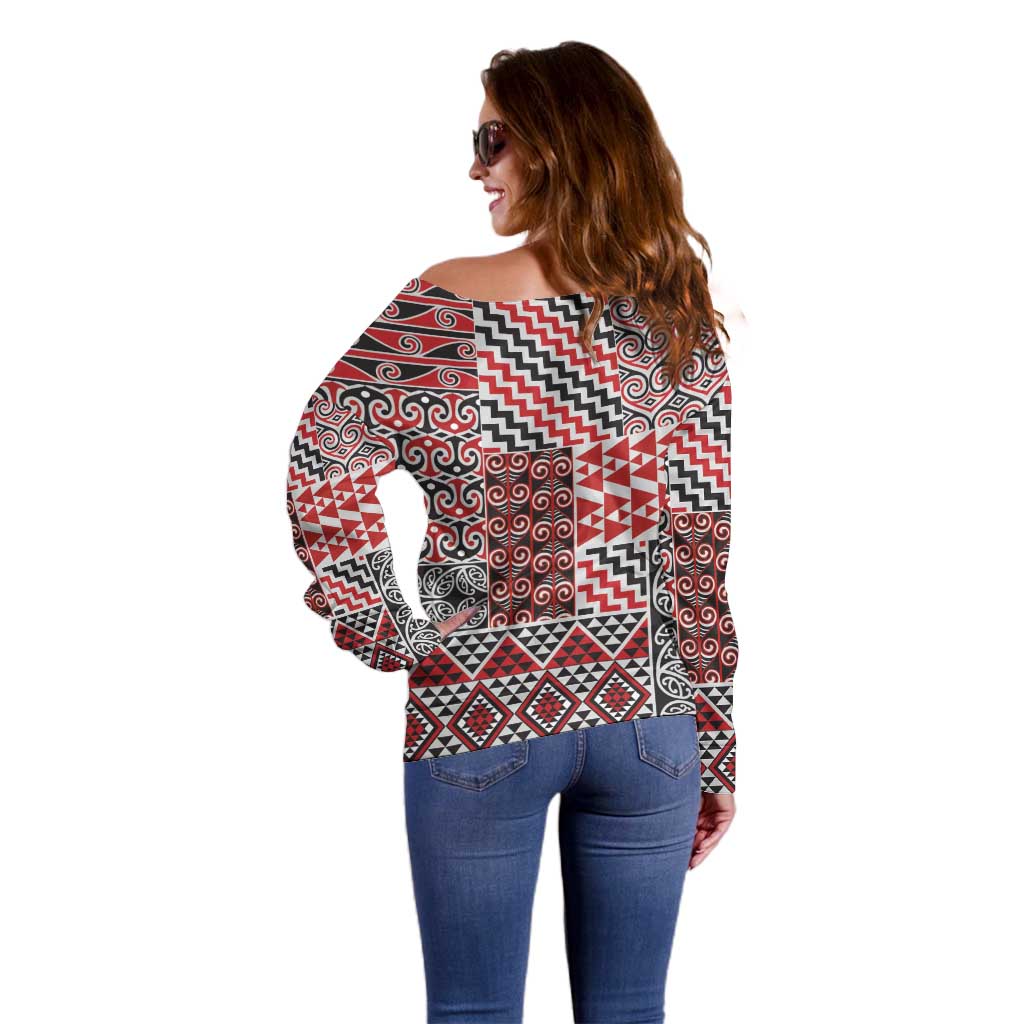 Aotearoa Kowhaiwhai Taniko Patchwork Motifs Off Shoulder Sweater