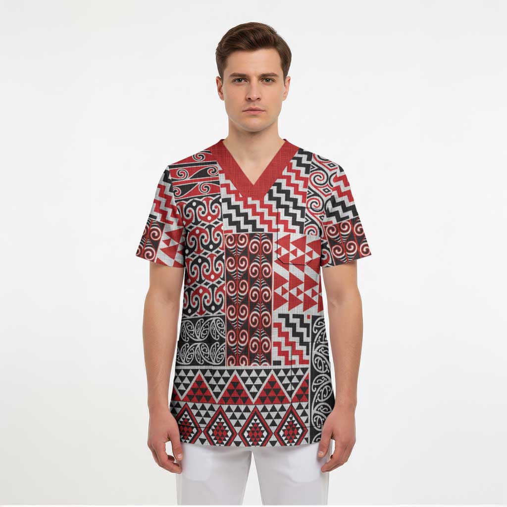 Aotearoa Kowhaiwhai Taniko Patchwork Motifs Scrub Top - Polynesian Pride