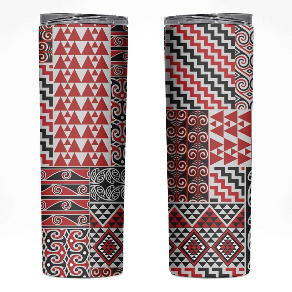 Aotearoa Kowhaiwhai Taniko Patchwork Motifs Skinny Tumbler LT9 Red - Polynesian Pride