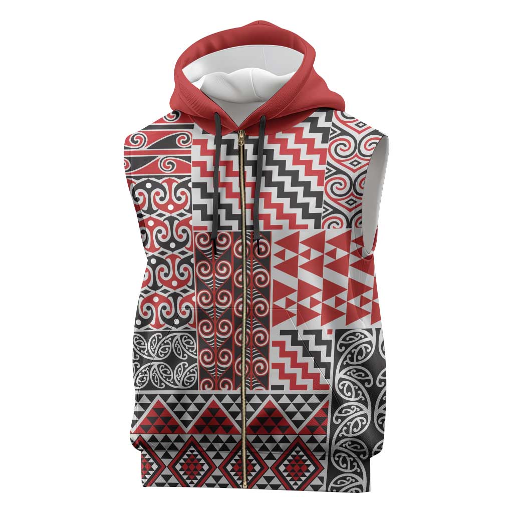 Aotearoa Kowhaiwhai Taniko Patchwork Motifs Sleeveless Zip Hoodie - Polynesian Pride