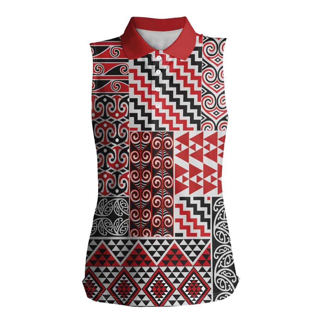 Aotearoa Kowhaiwhai Taniko Patchwork Motifs Women Sleeveless Polo Shirt LT9 Female Red - Polynesian Pride
