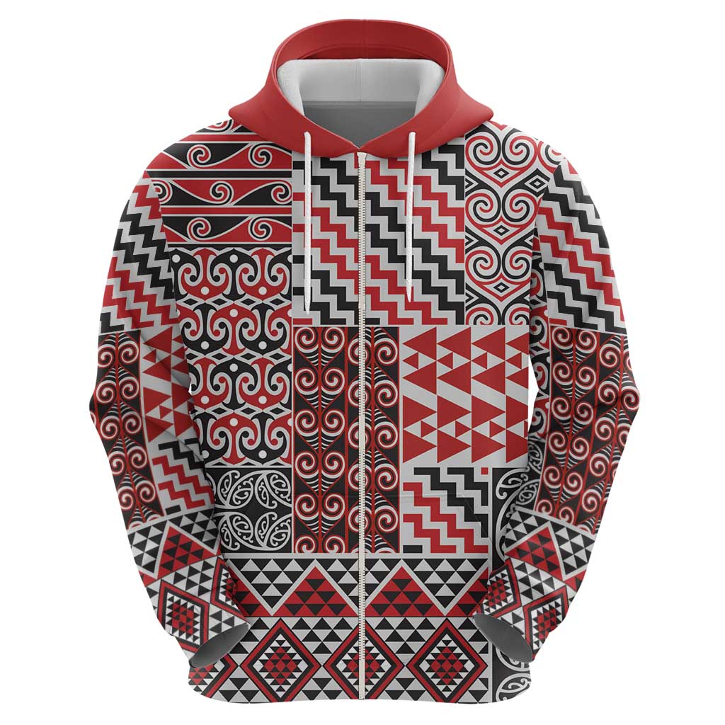 Aotearoa Kowhaiwhai Taniko Patchwork Motifs Zip Hoodie