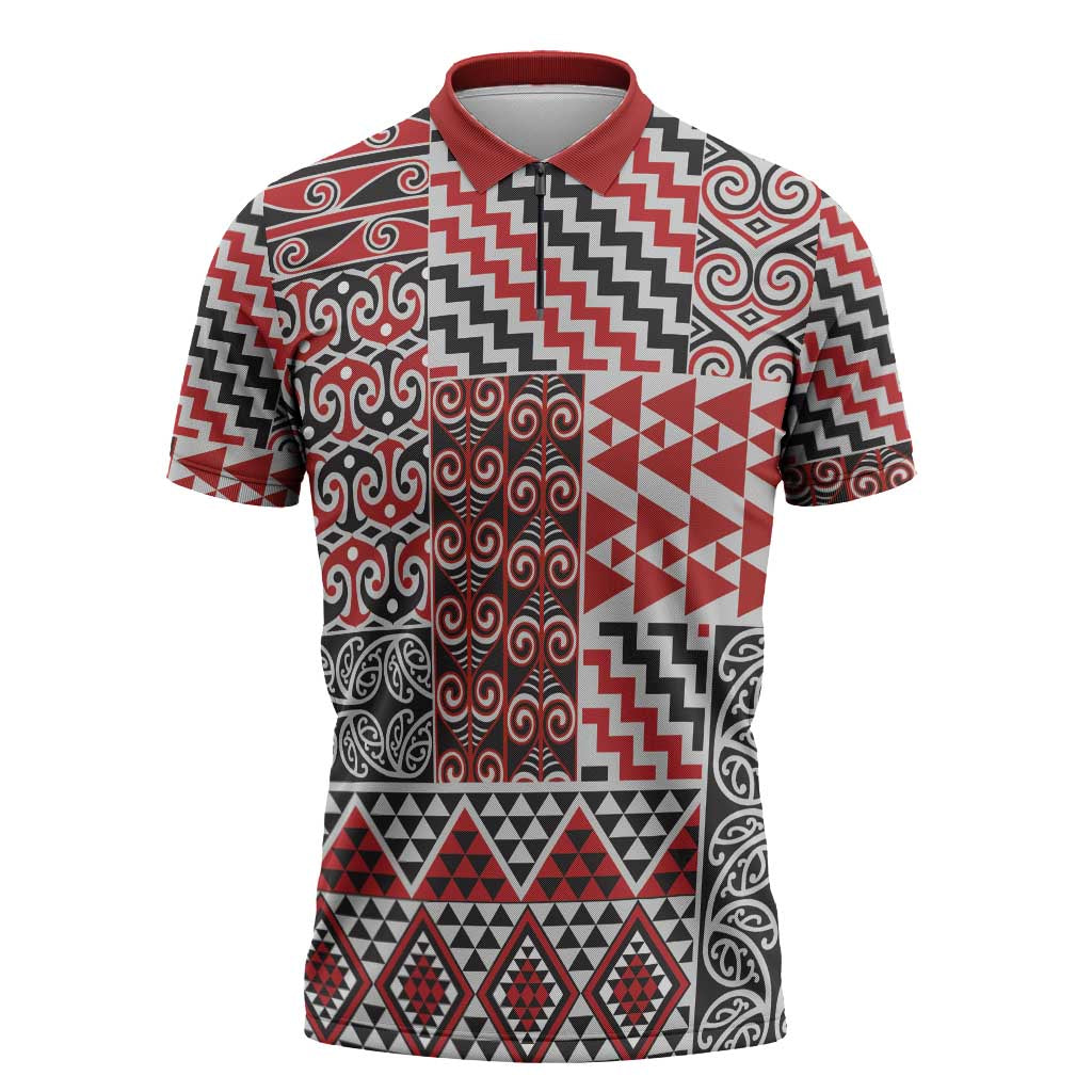 Aotearoa Kowhaiwhai Taniko Patchwork Motifs Zipper Polo Shirt - Polynesian Pride