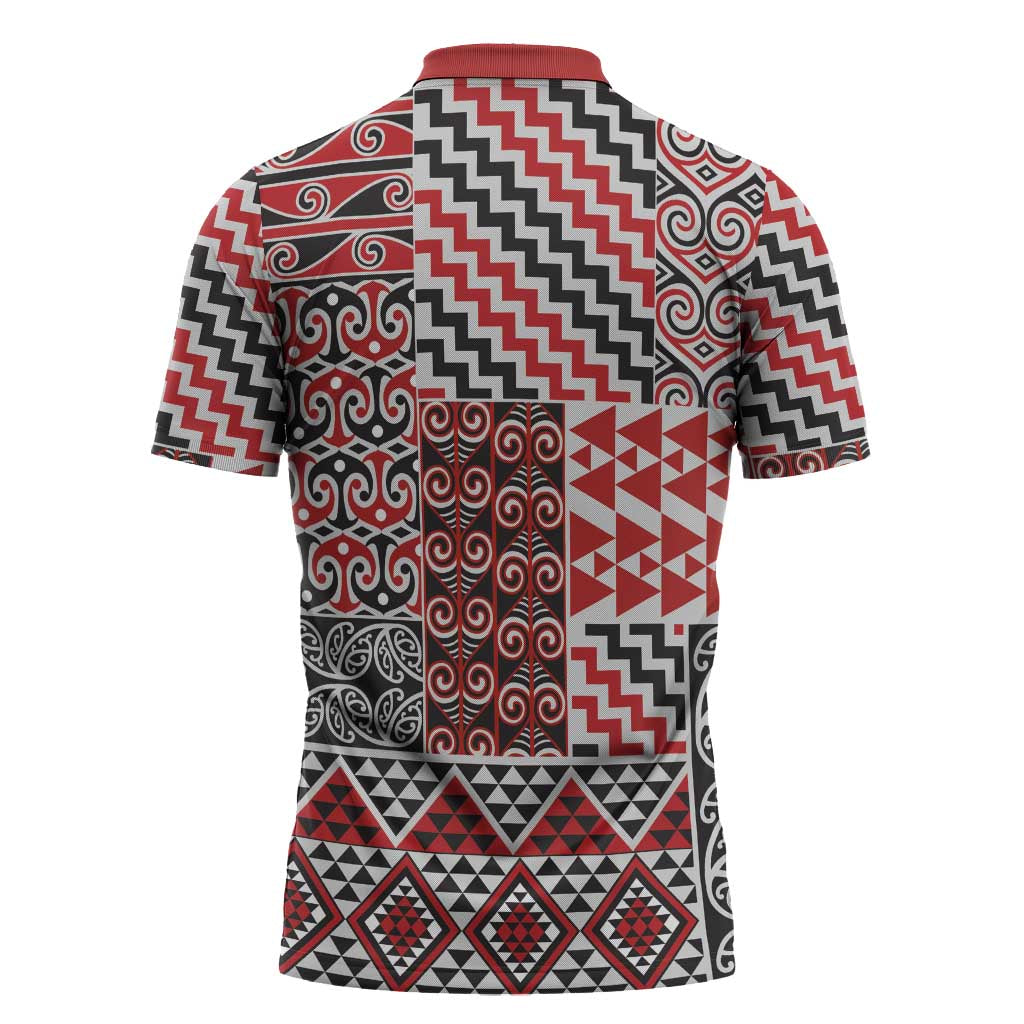 Aotearoa Kowhaiwhai Taniko Patchwork Motifs Zipper Polo Shirt - Polynesian Pride