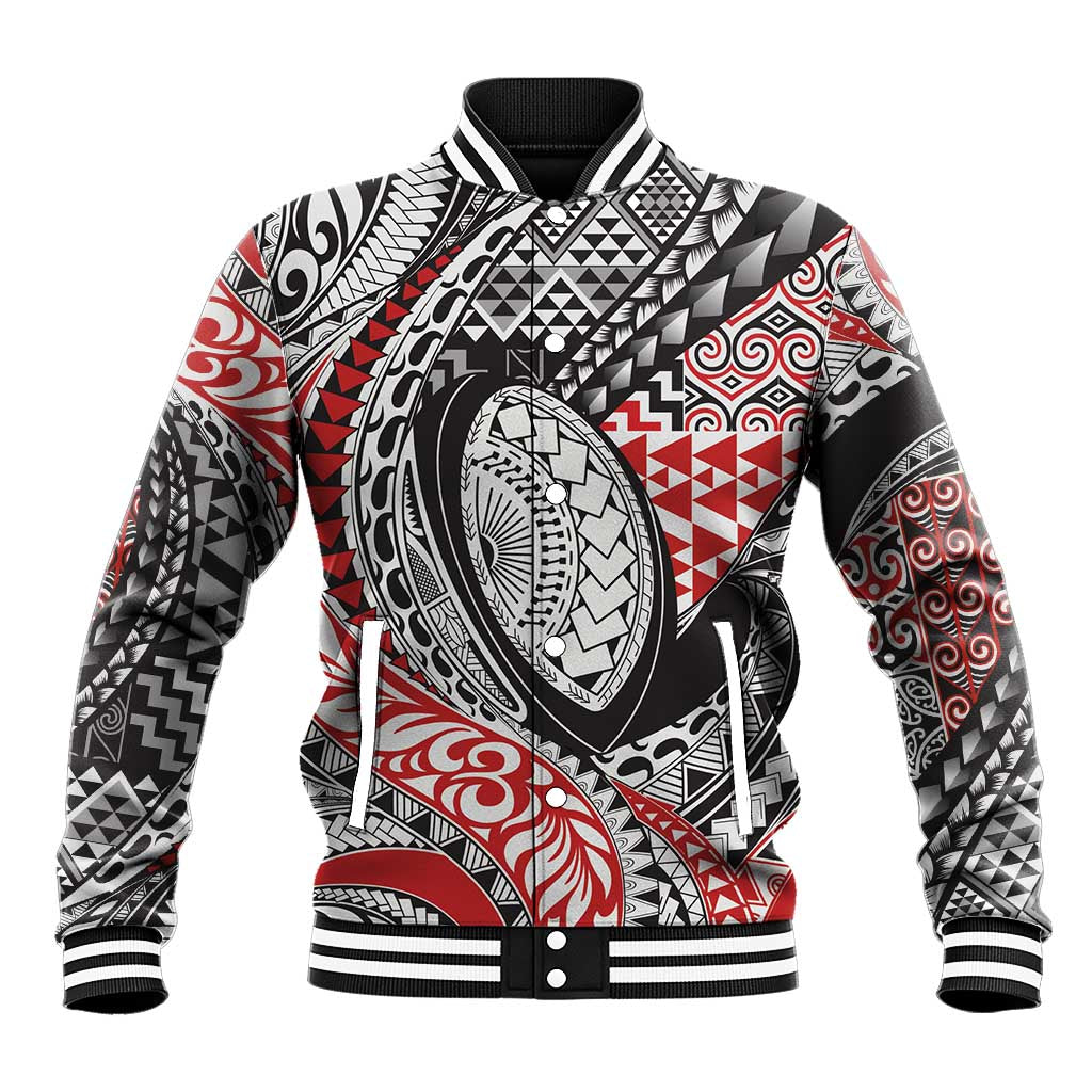 Aotearoa Maori Rugby Tribal Tattoo Baseball Jacket Kowhaiwhai Taniko Patchwork Motifs LT9 Unisex Red - Polynesian Pride