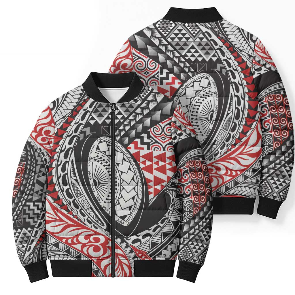 Aotearoa Maori Rugby Tribal Tattoo Bomber Puffer Jacket Kowhaiwhai Taniko Patchwork Motifs - Polynesian Pride