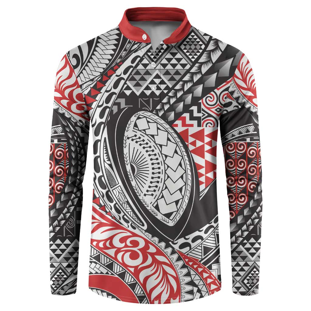 Aotearoa Maori Rugby Tribal Tattoo Button Sweatshirt Kowhaiwhai Taniko Patchwork Motifs LT9 Red - Polynesian Pride