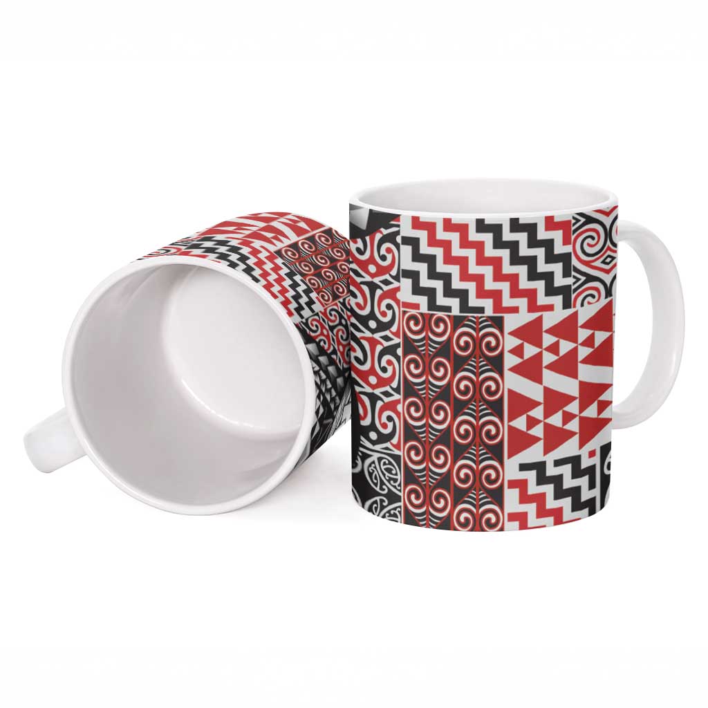 Aotearoa Maori Rugby Tribal Tattoo Ceramic Mug Kowhaiwhai Taniko Patchwork Motifs - Polynesian Pride