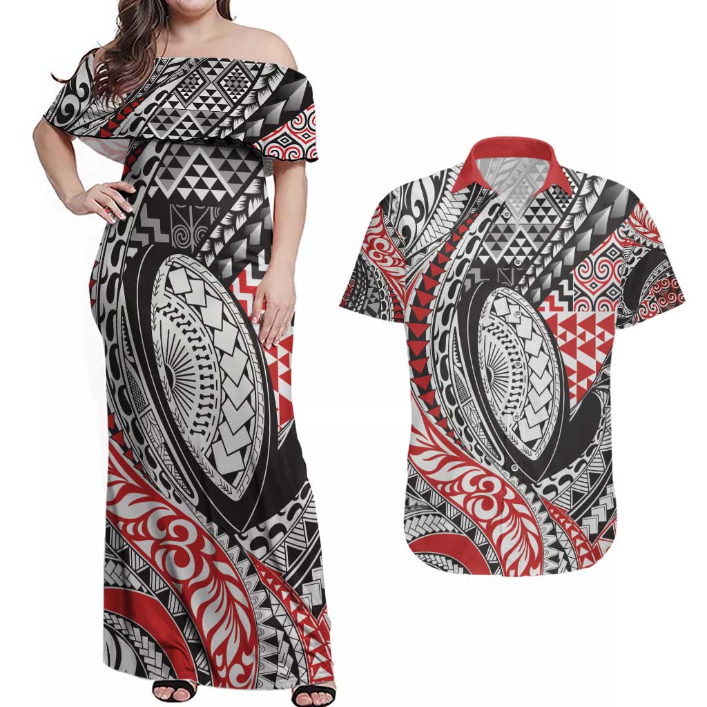 Aotearoa Maori Rugby Tribal Tattoo Couples Matching Off Shoulder Maxi Dress and Hawaiian Shirt Kowhaiwhai Taniko Patchwork Motifs LT9 Red - Polynesian Pride