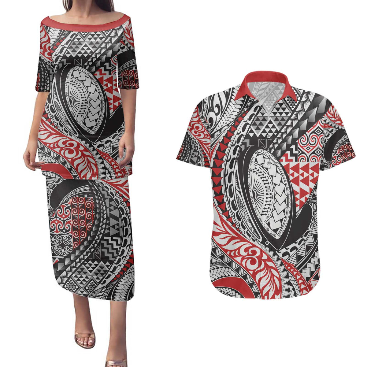 Aotearoa Maori Rugby Tribal Tattoo Couples Matching Puletasi and Hawaiian Shirt Kowhaiwhai Taniko Patchwork Motifs LT9 Red - Polynesian Pride
