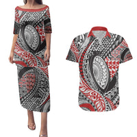 Aotearoa Maori Rugby Tribal Tattoo Couples Matching Puletasi and Hawaiian Shirt Kowhaiwhai Taniko Patchwork Motifs LT9 Red - Polynesian Pride