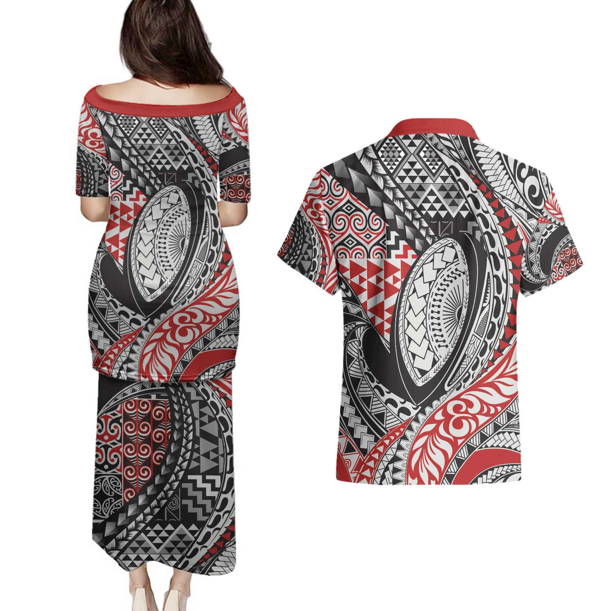 Aotearoa Maori Rugby Tribal Tattoo Couples Matching Puletasi and Hawaiian Shirt Kowhaiwhai Taniko Patchwork Motifs LT9 - Polynesian Pride