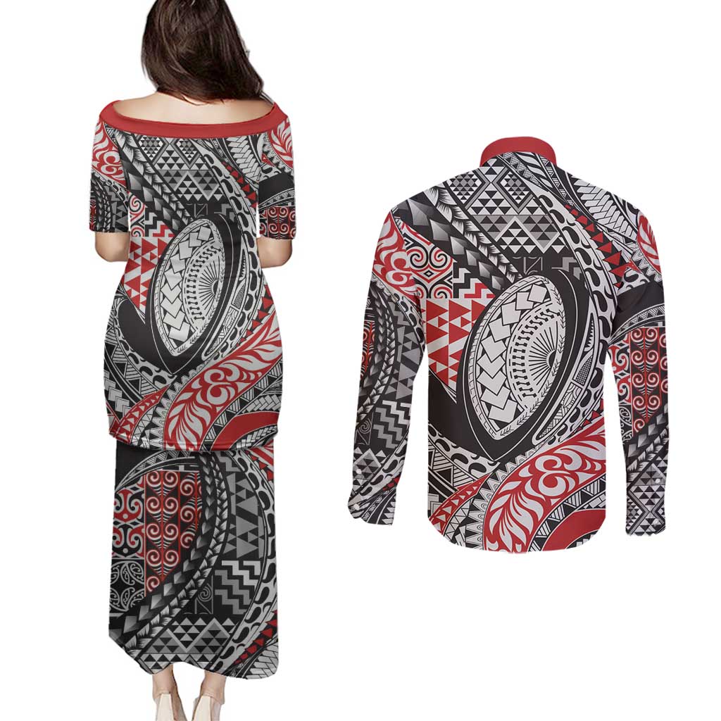 Aotearoa Maori Rugby Tribal Tattoo Couples Matching Puletasi and Long Sleeve Button Shirt Kowhaiwhai Taniko Patchwork Motifs LT9 - Polynesian Pride