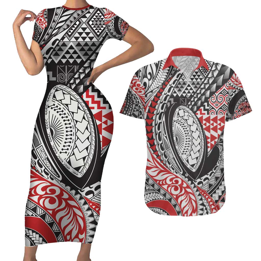 Aotearoa Maori Rugby Tribal Tattoo Couples Matching Short Sleeve Bodycon Dress and Hawaiian Shirt Kowhaiwhai Taniko Patchwork Motifs LT9 Red - Polynesian Pride