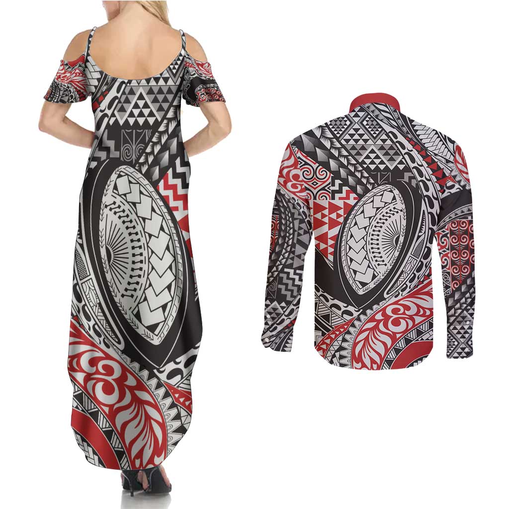 Aotearoa Maori Rugby Tribal Tattoo Couples Matching Summer Maxi Dress and Long Sleeve Button Shirt Kowhaiwhai Taniko Patchwork Motifs LT9 - Polynesian Pride
