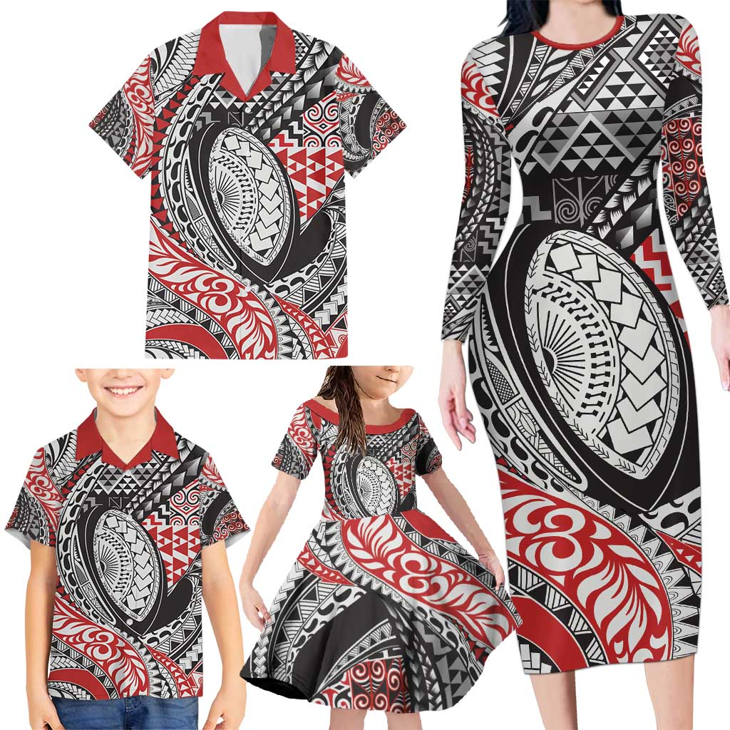 Aotearoa Maori Rugby Tribal Tattoo Family Matching Long Sleeve Bodycon Dress and Hawaiian Shirt Kowhaiwhai Taniko Patchwork Motifs LT9 - Polynesian Pride