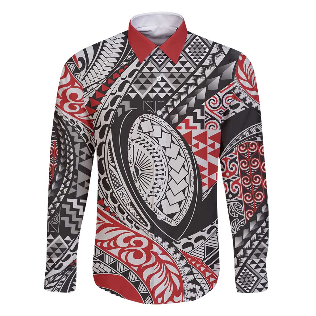 Aotearoa Maori Rugby Tribal Tattoo Family Matching Long Sleeve Bodycon Dress and Hawaiian Shirt Kowhaiwhai Taniko Patchwork Motifs LT9 Dad's Shirt - Long Sleeve Red - Polynesian Pride