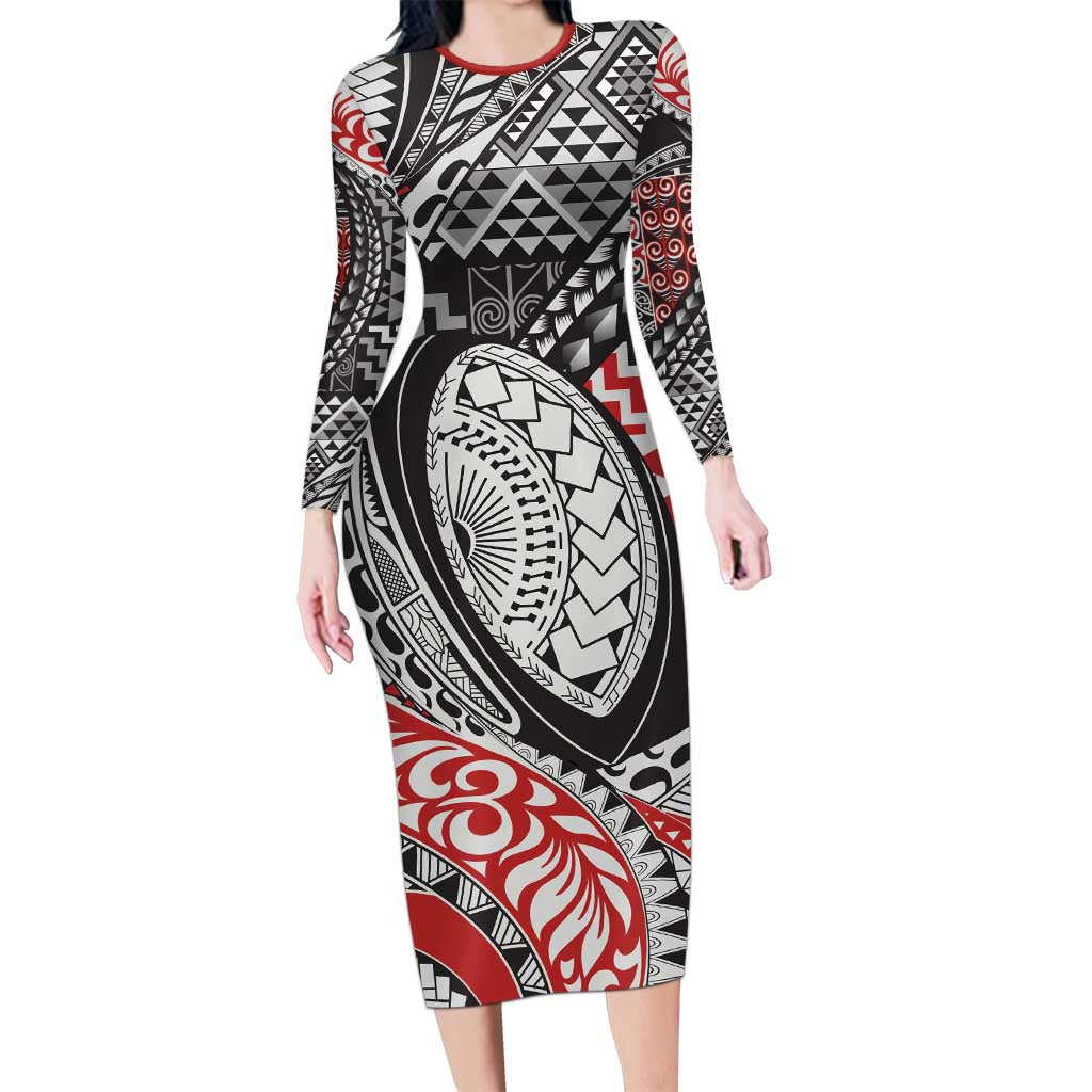 Aotearoa Maori Rugby Tribal Tattoo Family Matching Long Sleeve Bodycon Dress and Hawaiian Shirt Kowhaiwhai Taniko Patchwork Motifs LT9 Mom's Dress Red - Polynesian Pride
