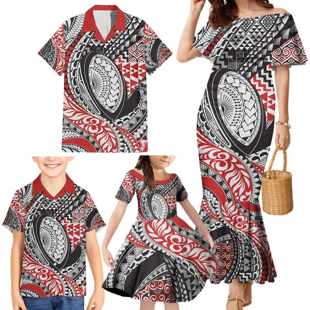 Aotearoa Maori Rugby Tribal Tattoo Family Matching Mermaid Dress and Hawaiian Shirt Kowhaiwhai Taniko Patchwork Motifs LT9 - Polynesian Pride
