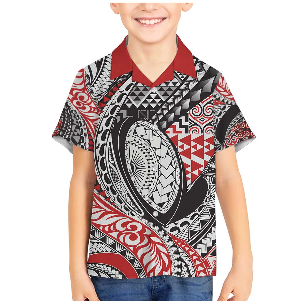 Aotearoa Maori Rugby Tribal Tattoo Family Matching Mermaid Dress and Hawaiian Shirt Kowhaiwhai Taniko Patchwork Motifs LT9 Son's Shirt Red - Polynesian Pride
