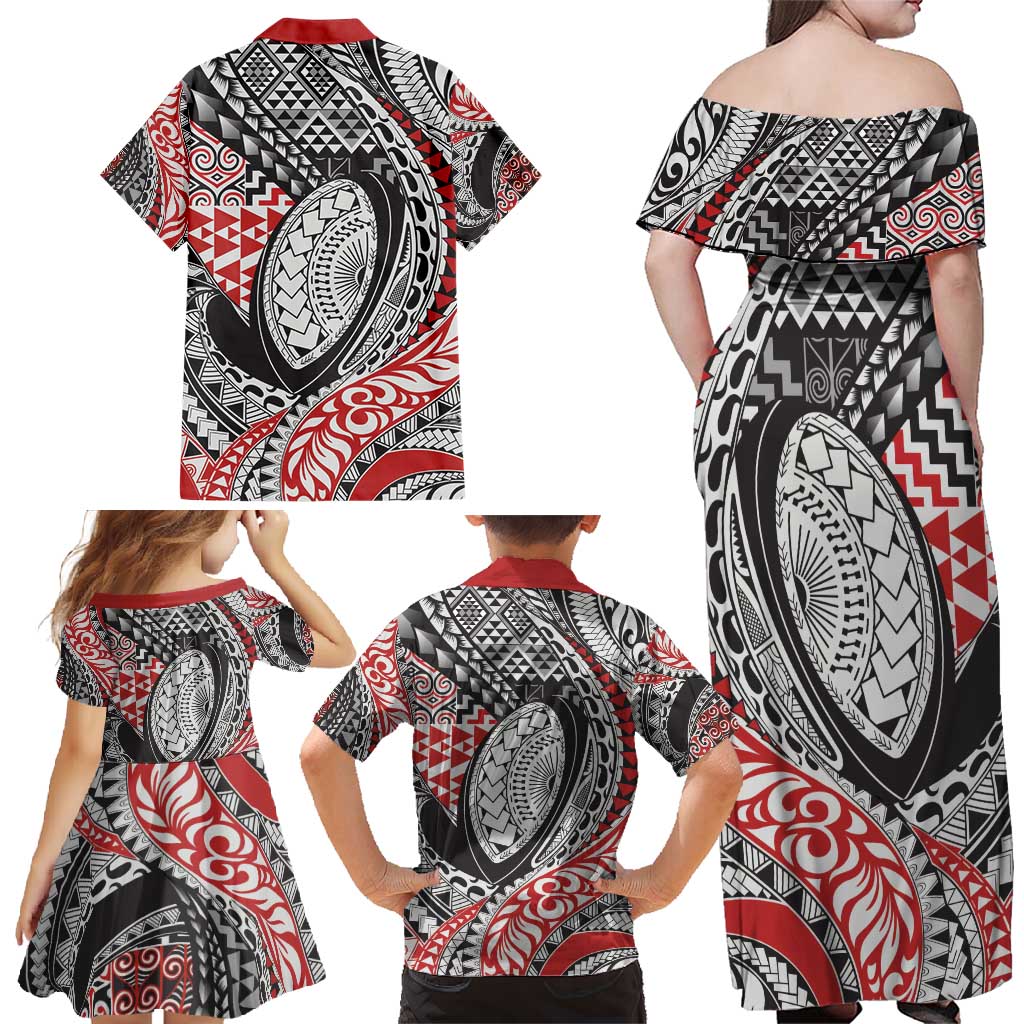 Aotearoa Maori Rugby Tribal Tattoo Family Matching Off Shoulder Maxi Dress and Hawaiian Shirt Kowhaiwhai Taniko Patchwork Motifs LT9 - Polynesian Pride