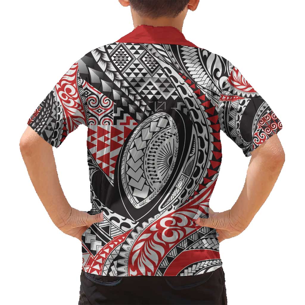 Aotearoa Maori Rugby Tribal Tattoo Family Matching Off Shoulder Short Dress and Hawaiian Shirt Kowhaiwhai Taniko Patchwork Motifs LT9 - Polynesian Pride
