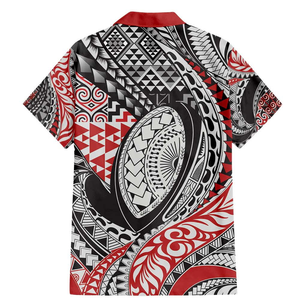 Aotearoa Maori Rugby Tribal Tattoo Family Matching Off Shoulder Short Dress and Hawaiian Shirt Kowhaiwhai Taniko Patchwork Motifs LT9 - Polynesian Pride