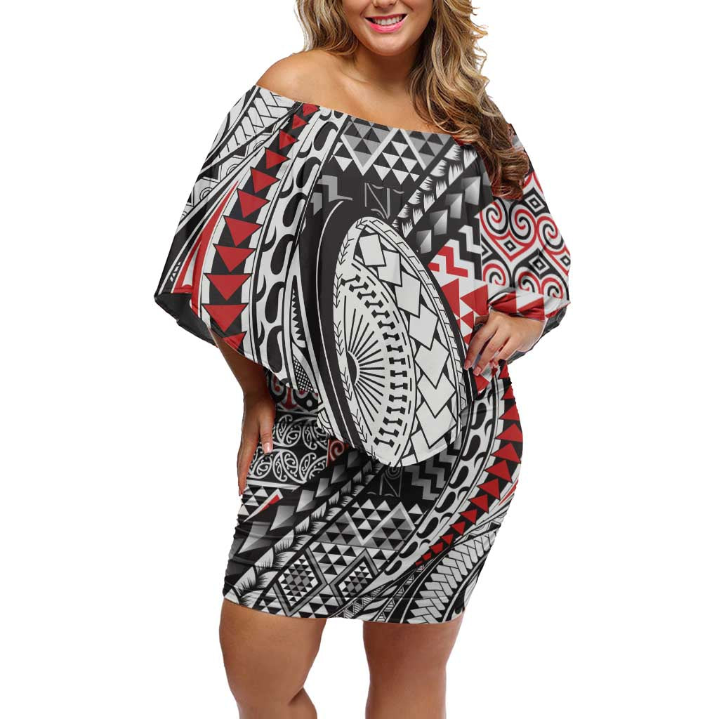 Aotearoa Maori Rugby Tribal Tattoo Family Matching Off Shoulder Short Dress and Hawaiian Shirt Kowhaiwhai Taniko Patchwork Motifs LT9 Mom's Dress Red - Polynesian Pride