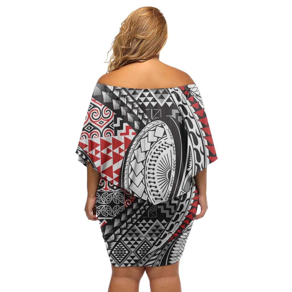 Aotearoa Maori Rugby Tribal Tattoo Family Matching Off Shoulder Short Dress and Hawaiian Shirt Kowhaiwhai Taniko Patchwork Motifs LT9 - Polynesian Pride
