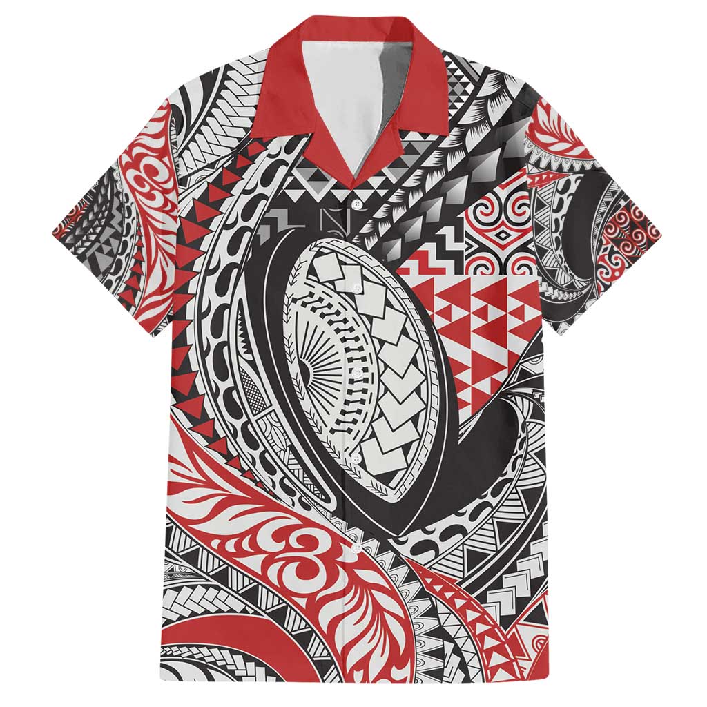 Aotearoa Maori Rugby Tribal Tattoo Family Matching Short Sleeve Bodycon Dress and Hawaiian Shirt Kowhaiwhai Taniko Patchwork Motifs LT9 Dad's Shirt - Short Sleeve Red - Polynesian Pride