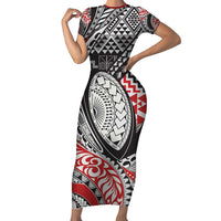 Aotearoa Maori Rugby Tribal Tattoo Family Matching Short Sleeve Bodycon Dress and Hawaiian Shirt Kowhaiwhai Taniko Patchwork Motifs LT9 Mom's Dress Red - Polynesian Pride