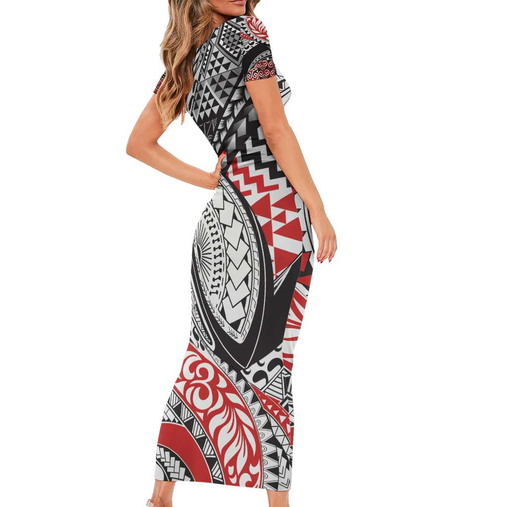 Aotearoa Maori Rugby Tribal Tattoo Family Matching Short Sleeve Bodycon Dress and Hawaiian Shirt Kowhaiwhai Taniko Patchwork Motifs LT9 - Polynesian Pride