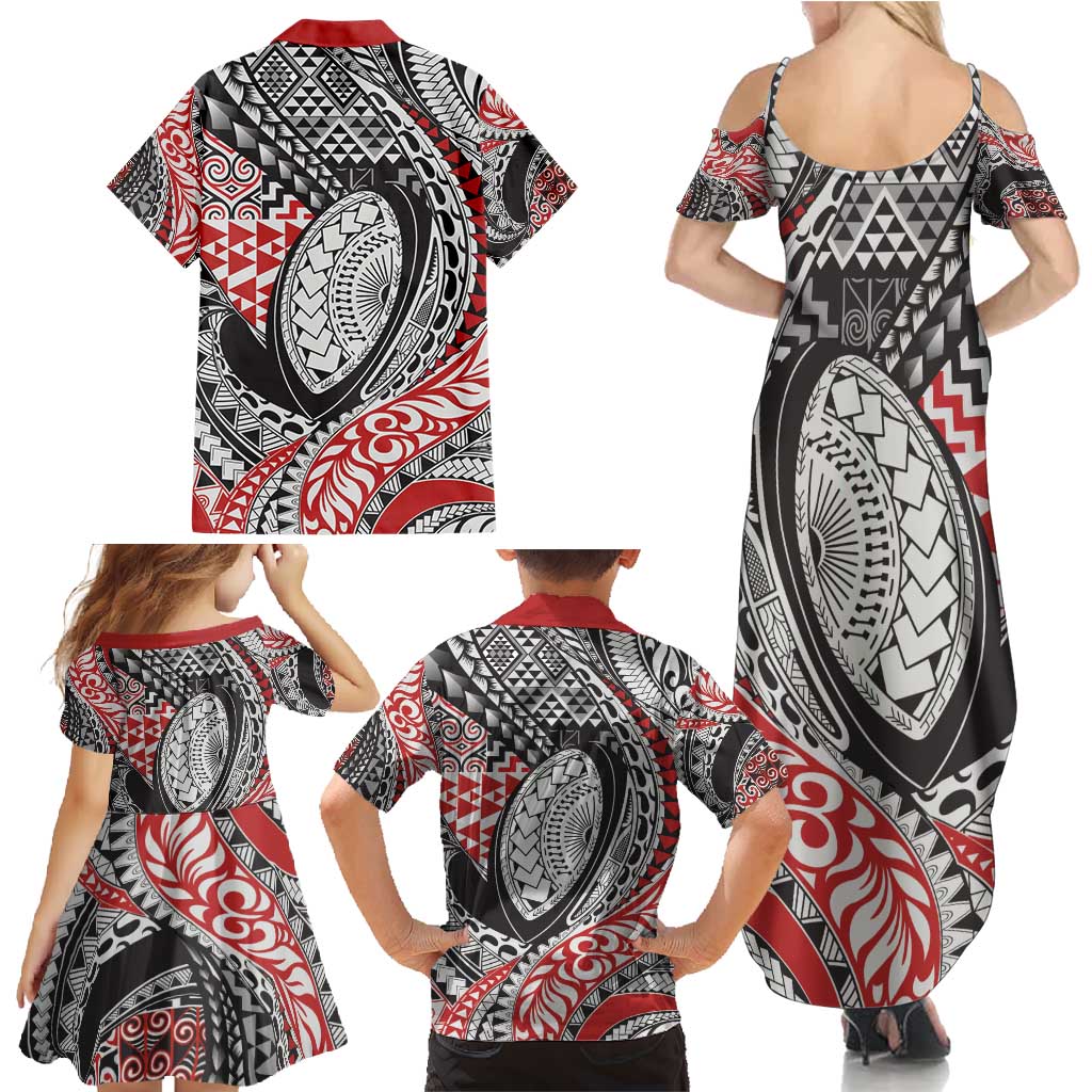Aotearoa Maori Rugby Tribal Tattoo Family Matching Summer Maxi Dress and Hawaiian Shirt Kowhaiwhai Taniko Patchwork Motifs LT9 - Polynesian Pride