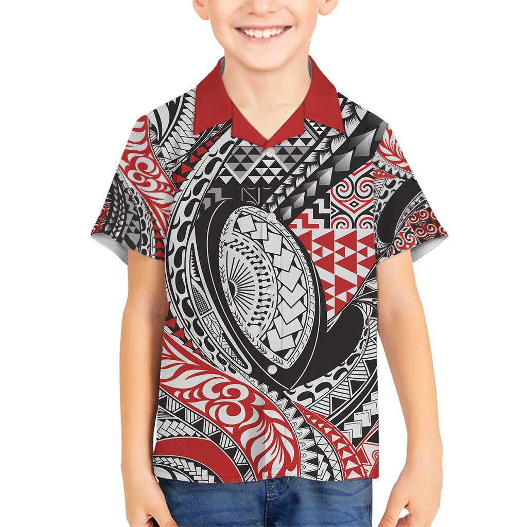 Aotearoa Maori Rugby Tribal Tattoo Family Matching Tank Maxi Dress and Hawaiian Shirt Kowhaiwhai Taniko Patchwork Motifs LT9 Son's Shirt Red - Polynesian Pride