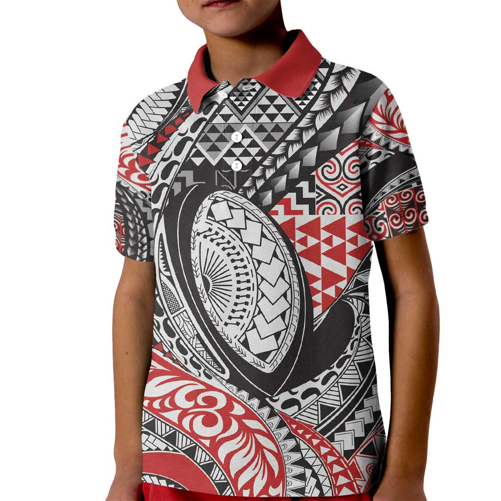 Aotearoa Maori Rugby Tribal Tattoo Kid Polo Shirt Kowhaiwhai Taniko Patchwork Motifs LT9 Kid Red - Polynesian Pride